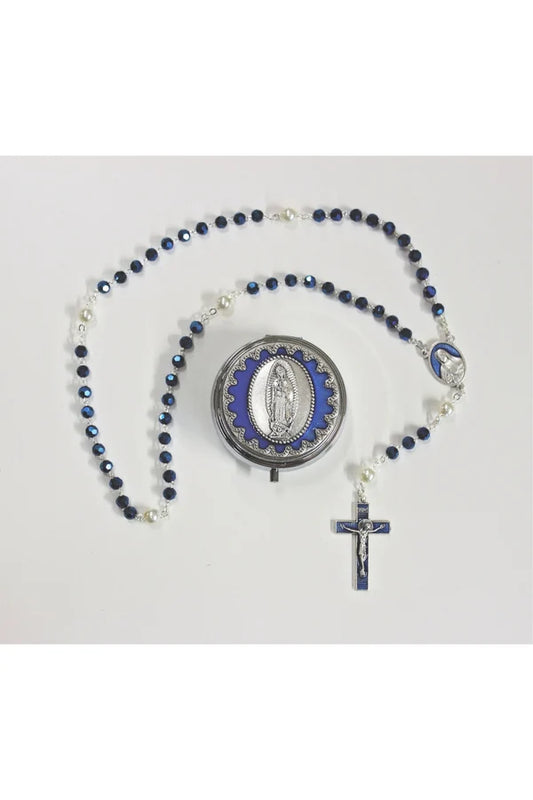 Our Lady of Guadalupe rosary with blue beads and a blue enamel box 16.5" # 4212