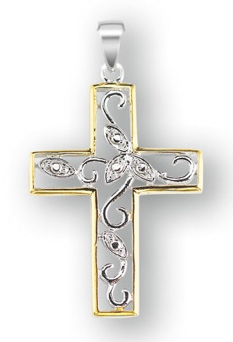 1" Polished Cross, Sterling Silver and Gold Plated, Your Choice of Chain, # 42210