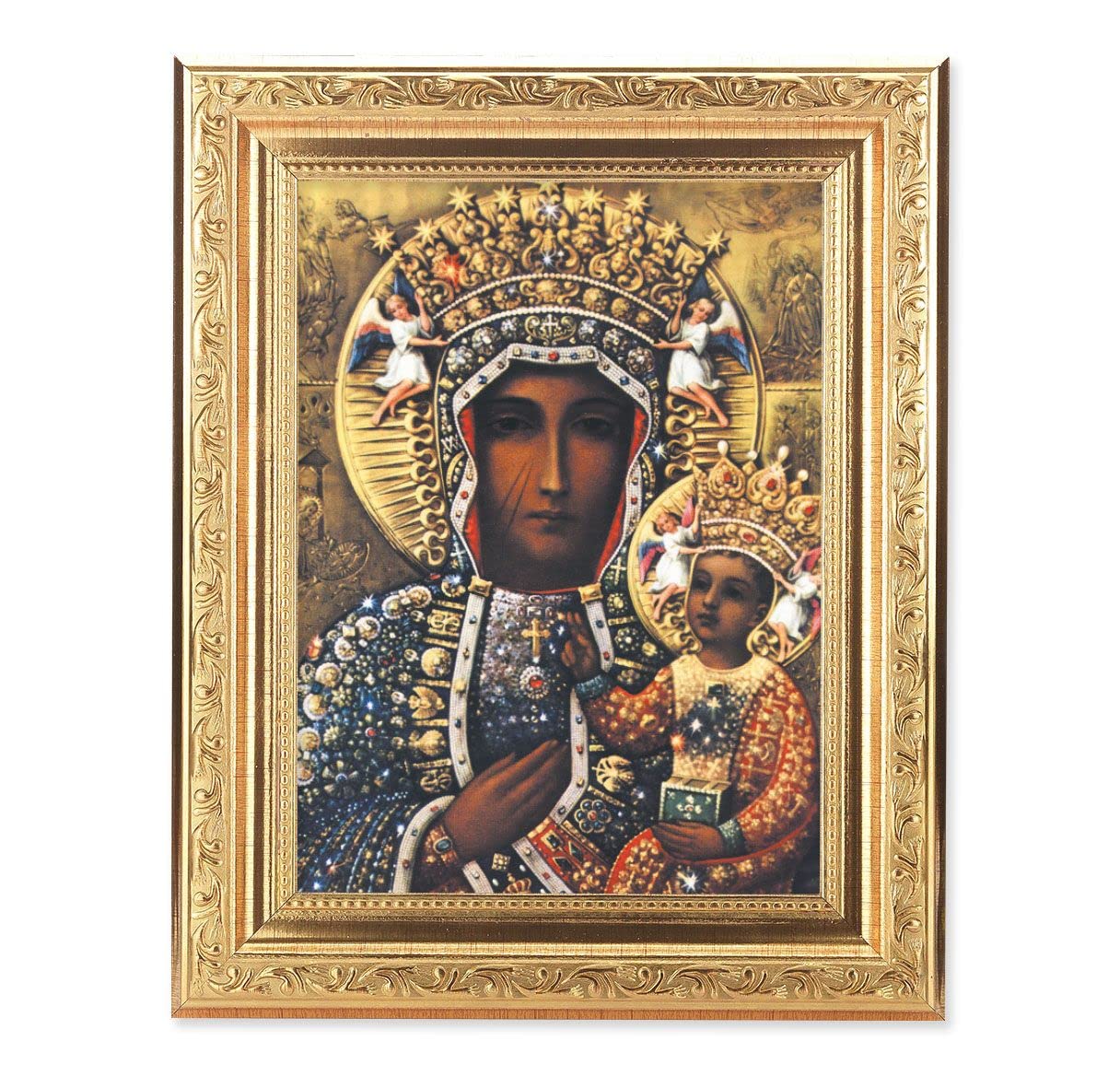 Our Lady of Czestochowa Picture, 8-1/4"x10-1/4 Gold-Leaf Finish Acanthus Leaf Detail Under Glass # 27700