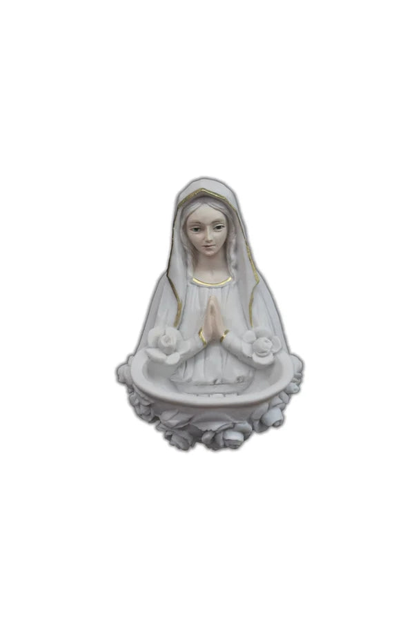 Our Lady holy water font white resin hand-painted features and gold trim 6.5" # 4243