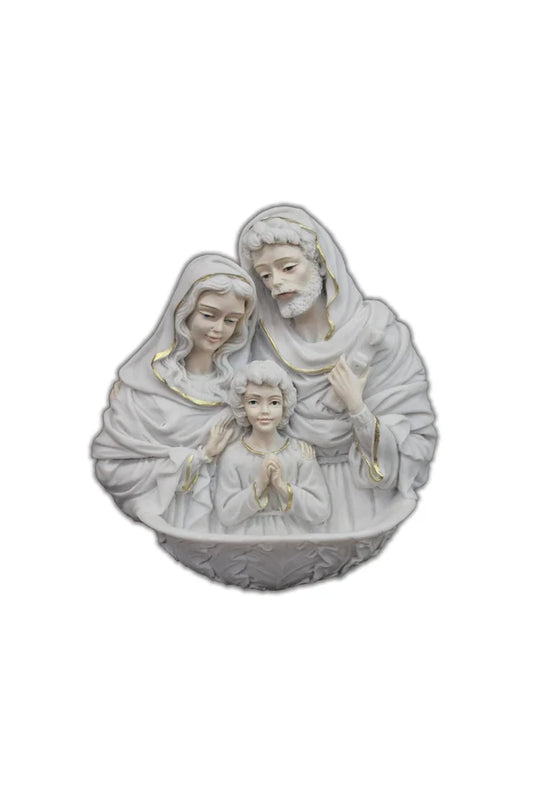 Holy Family holy water font white resin hand-painted features and gold trim 6.5" # 4244