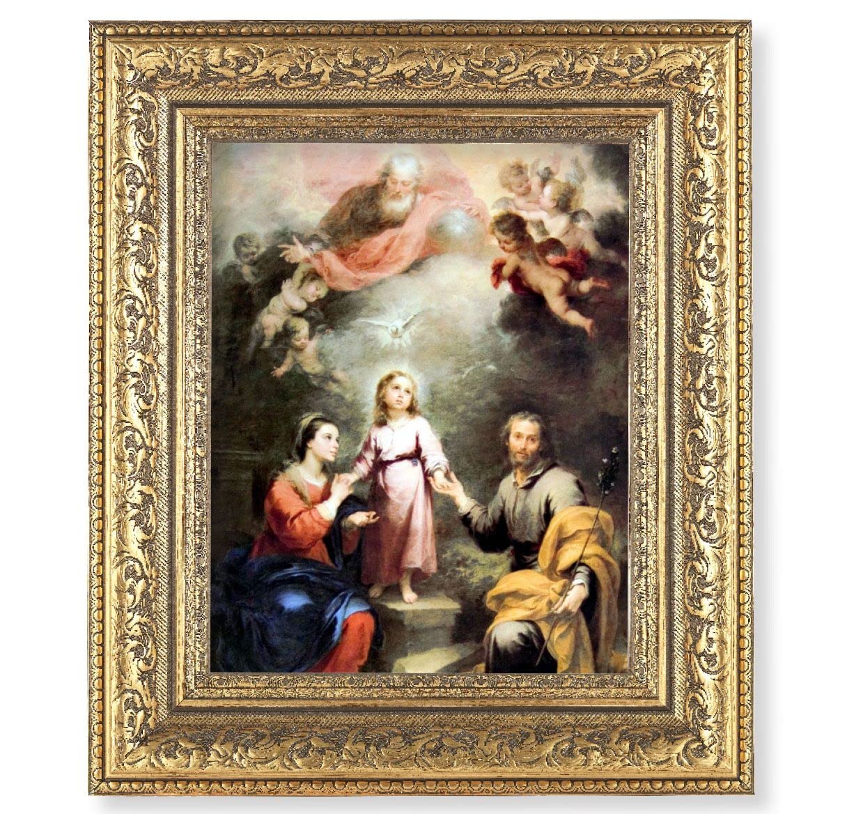 Heavenly and Earthly Trinities Picture, 12-1/2"x14-1/2, Antique Gold Leaf Carvings Ornate Frame, Italian Print Under Glass # 25562