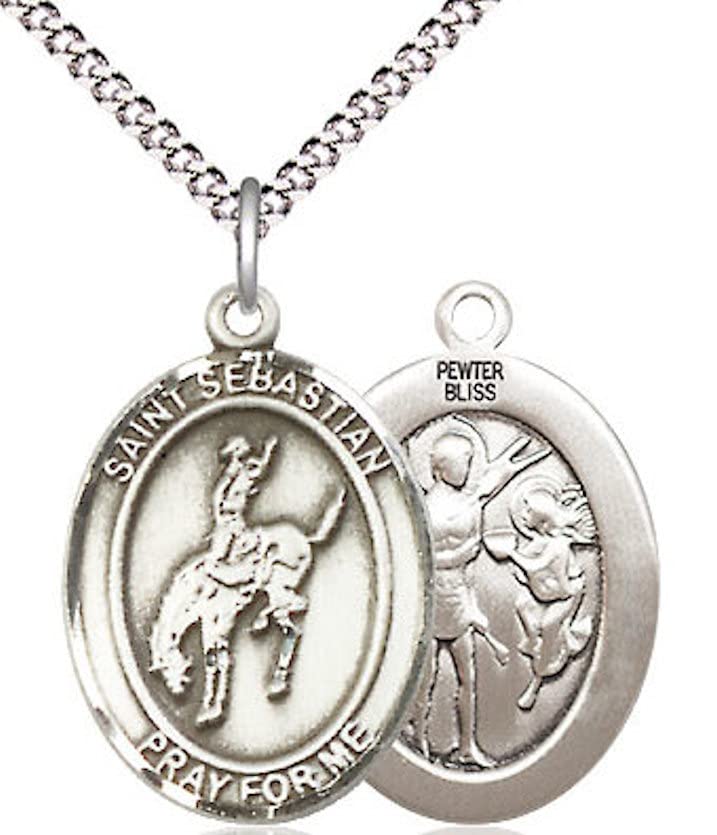 Rodeo / St. Sebastian Medal in Fine Pewter, 3/4", Your Choice of Chain # 17448