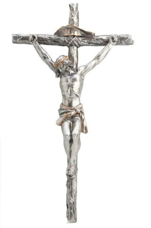 Wall Crucifix in pewter styled resin with gold highlights 16" # 4312