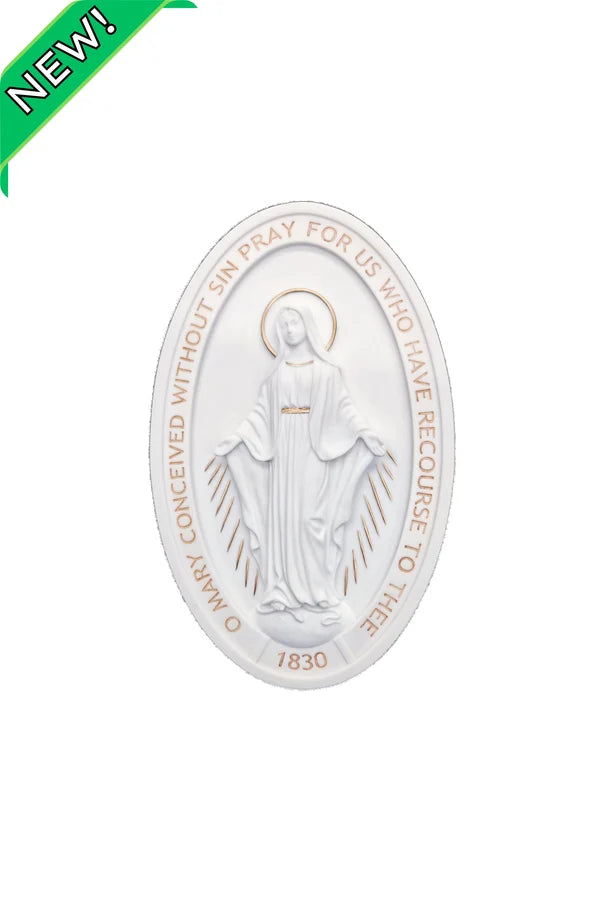Miraculous Medal plaque in white with hand-painted features, 8"