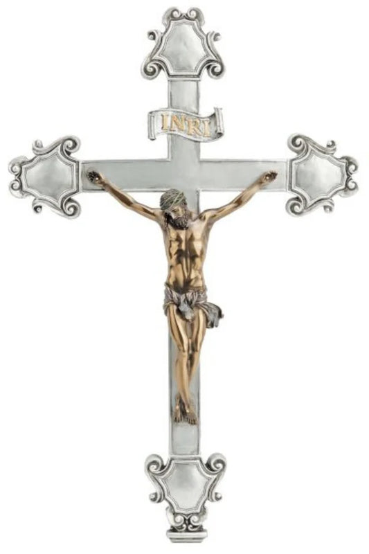 Resin crucifix with cold cast bronze Corpus on pewter style cross 16" # 4314