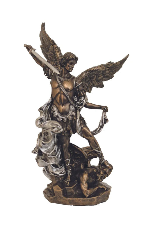St. Michael Statue, lightly hand-painted cold cast bronze with pewter style trim 9" # 4320