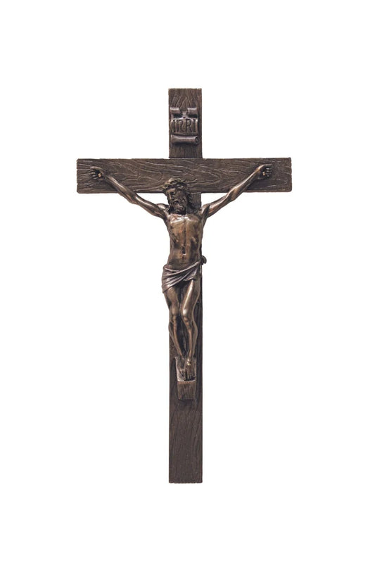 Wall Crucifix in lightly hand-painted cold cast bronze 10" # 4323