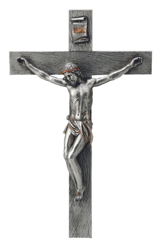 Wall Crucifix in pewter style resin with gold highlights 17" # 4329