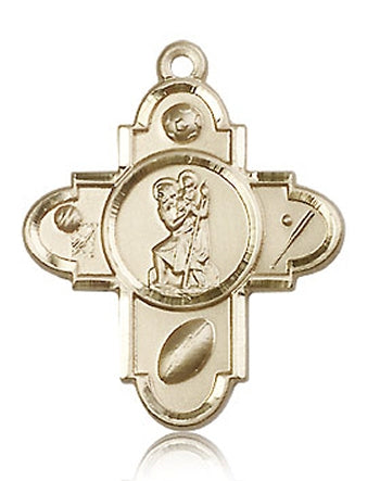 1-3/16" St. Christopher Sport 4-Way Medal Solid 14kt Gold, Free Chain, # 43423