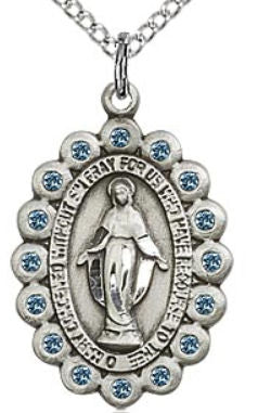 Aqua Crystal Border Miraculous Medal 13/16" Sterling Silver, your choice of chain # 43430