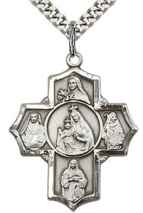 Our Lady Mt. Carmel 5-Way Medal 1-1/8" Sterling Silver, Your Choice of Chain # 43441