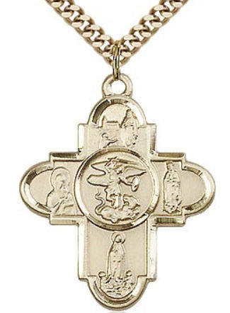 St. Michael 5-Way Medal 1-1/8" 14kt Gold Filled, your choice of chain # 43445