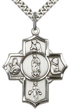 Guadalupe 5-Way Medal 1-1/8" Sterling Silver, your choice of chain # 43447