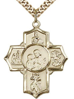 St. Joseph Five - Way Medal 1-1/8" 14kt Gold Filled, your choice of chain # 43468