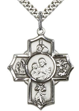 St. Joseph Five - Way Medal 1-1/8" Sterling Silver,your choice of chain # 43478