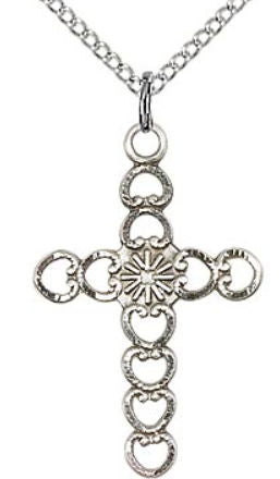 1" x 11/16" Pierced Hearts Cross Sterling, Your Choice of Chain # 43488