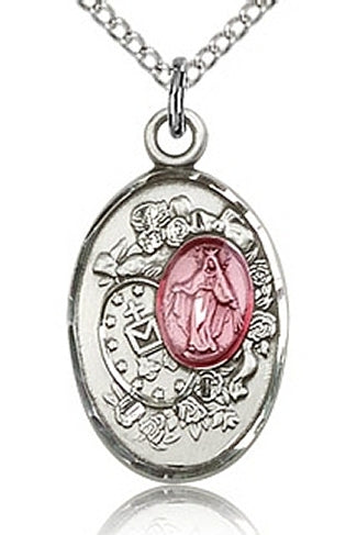 Single Side Miraculous Medal 3/4" Enameled Sterling Silver, Your Choice of Chain # 43494
