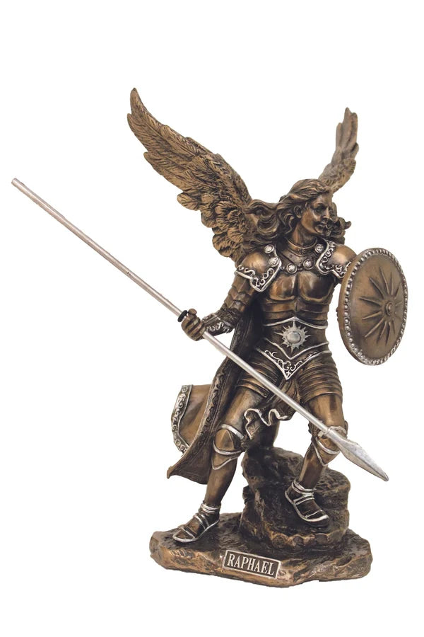 Archangel Raphael Statue hand-painted cold cast bronze, pewter style trim 9" # 4352
