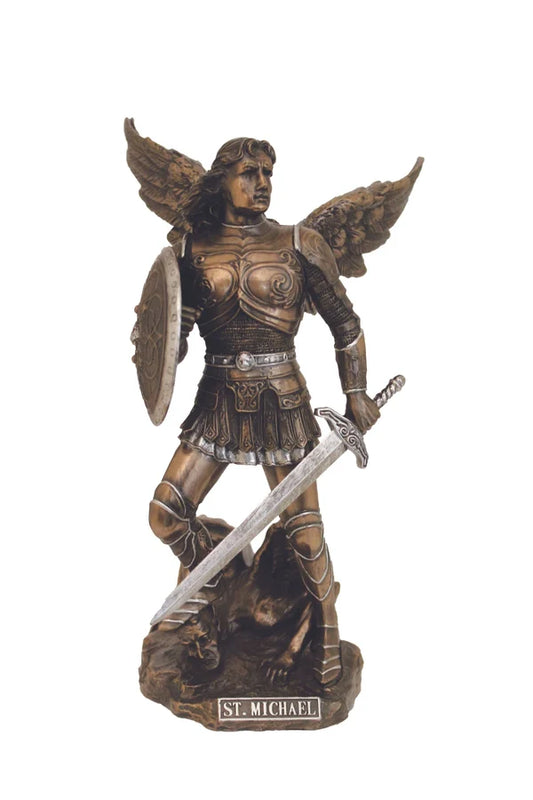 Archangel Michael Statue hand-painted cold cast bronze, pewter style trim 9" # 4353