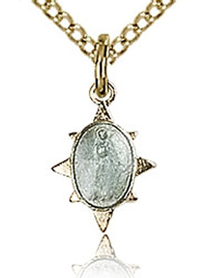 Gold Plated Sterling Silver Miraculous Medal 8-Point, Blue Enamel, 3/8" tall, Your choice of chain, # 43580