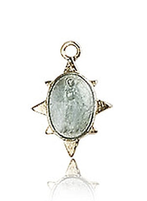 Solid 14kt Gold Miraculous Medal 8-Point, Blue Enamel, 3/8" tall, Free Chain, # 43581
