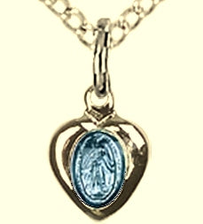 Gold Plated Sterling Silver Miraculous Heart Medal, Blue Enamel, Your choice of Chain, 1/4" tall, # 43586