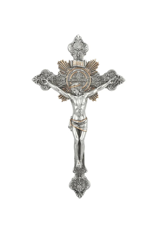 St. Benedict Crucifix in pewter style resin with gold trim 7.75" # 4359
