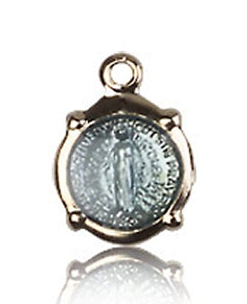 Round 5/16" Blue Enameled Miraculous Medal Solid 14kt Gold, Free Chain, # 43591