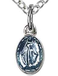 Miraculous Medal 9/32", Blue Enamel on Sterling Silver, Your choice of Chain, # 43595