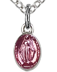 Pink Enameled Miraculous Medal 9/32",Sterling Silver, Your Choice of Chain, # 64622