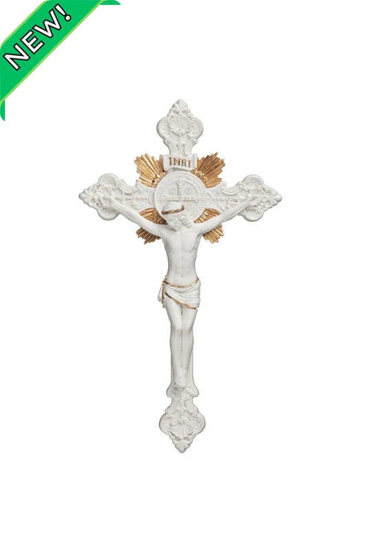 St. Benedict Crucifix in white resin with gold highlights 7.75" # 4361