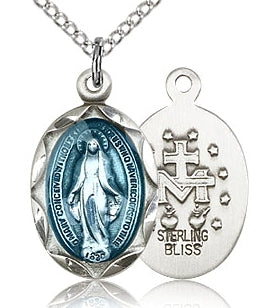 Scalloped Border Miraculous Medal 5/8" Blue Enameled Sterling, Your choice of chain # 43637