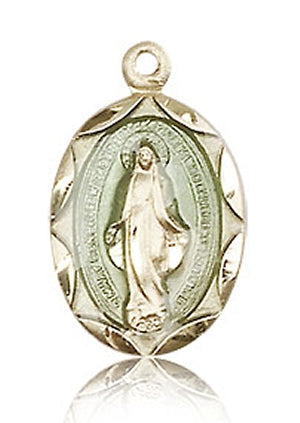 Scalloped Border Miraculous Medal 5/8 in. Enameled Solid 14kt Gold, Free Chain, # 43639