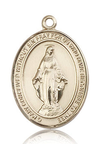 Dbl. Border Miraculous Medal 3/4"x9/16" Solid 14kt Gold, Free Chain, # 43648