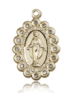 Crystal Border Miraculous Medal 13/16" Solid 14kt Gold, Free Chain, # 43660