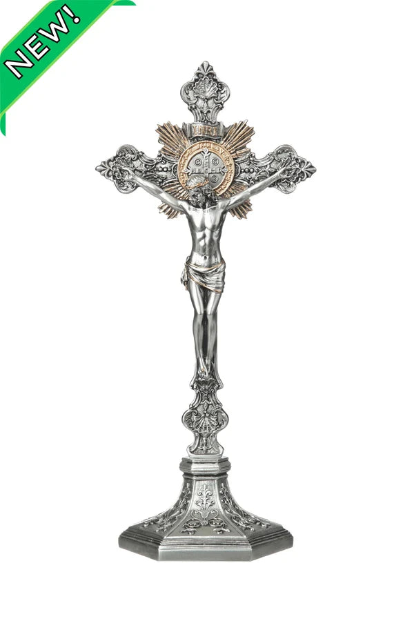 Standing St. Benedict Resin Crucifix, pewter style finish with gold highlights. Stands or Hangs with removable base 15.5-17" # 4366