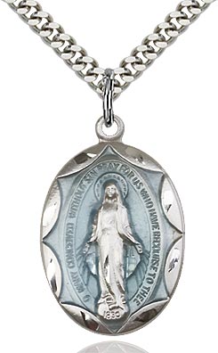 15/16" Miraculous Medal Sterling Silver Blue Enamel, your choice of chain, # 43670