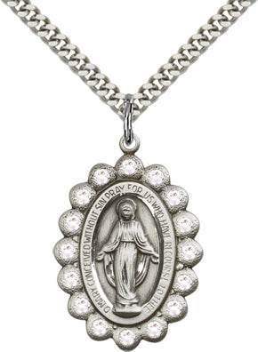 Crystal Border Miraculous Medal 1-1/8" Sterling Silver, your choice of chain, # 43675