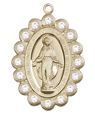 Crystal Border Miraculous Medal 1-1/8" Solid 14kt Gold, Free Chain, # 43676