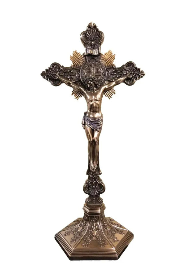 Standing St. Benedict Resin Crucifix in cold-cast bronze. Stands or Hangs with removable base 9.5" # 4367