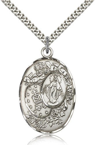 Single Side Miraculous Medal 1-1/4" Sterling Silver, your choice of chain, # 43691