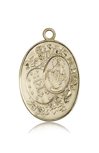 Single Side Miraculous Medal 1-1/4" Solid 14kt Gold, Free Chain, # 43693