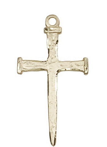 2" Tall Solid 14kt Gold Nail Cross Pendant, Free Chain, # 43708