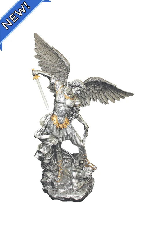 St. Michael resin statue in pewter style finish with gold highlights, 21" # 4373