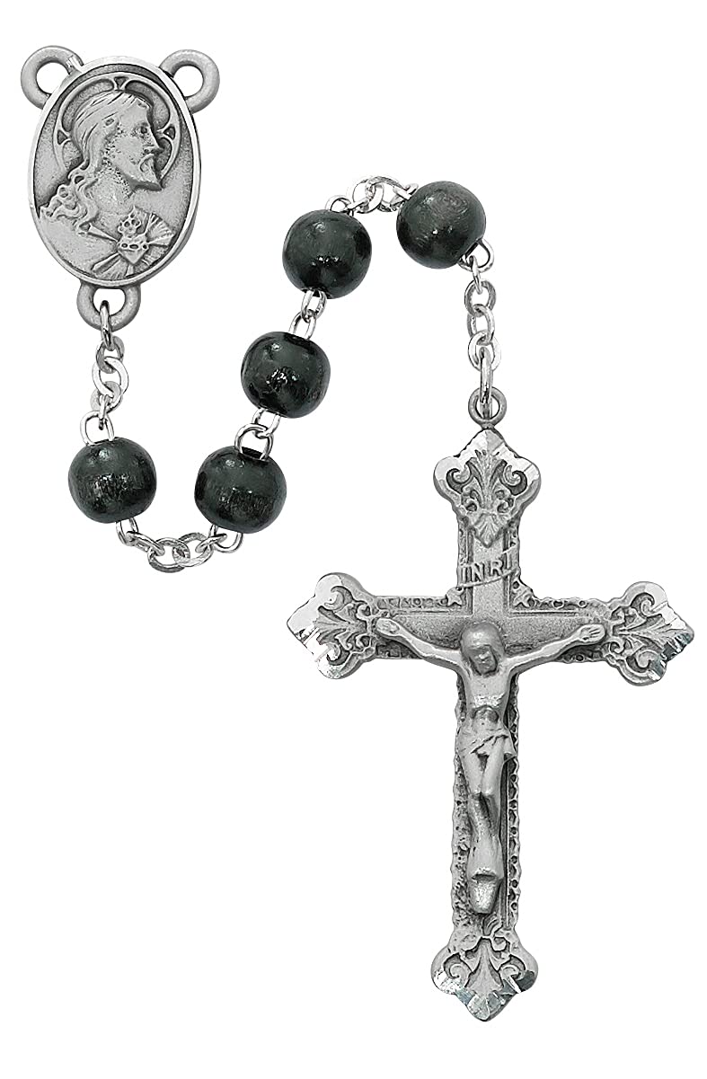 Sacred Heart Rosary, 6x8mm Black Wood Beads, Pewter Center and 2" Crucifix # 21241