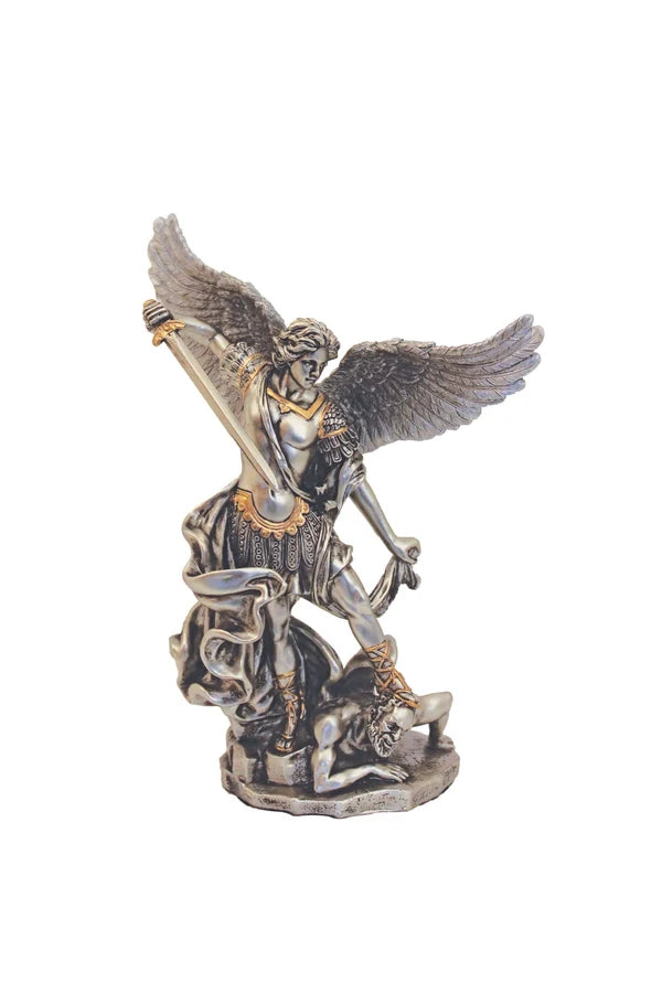 St. Michael resin statue, pewter finish with gold highlights, 6" # 4396