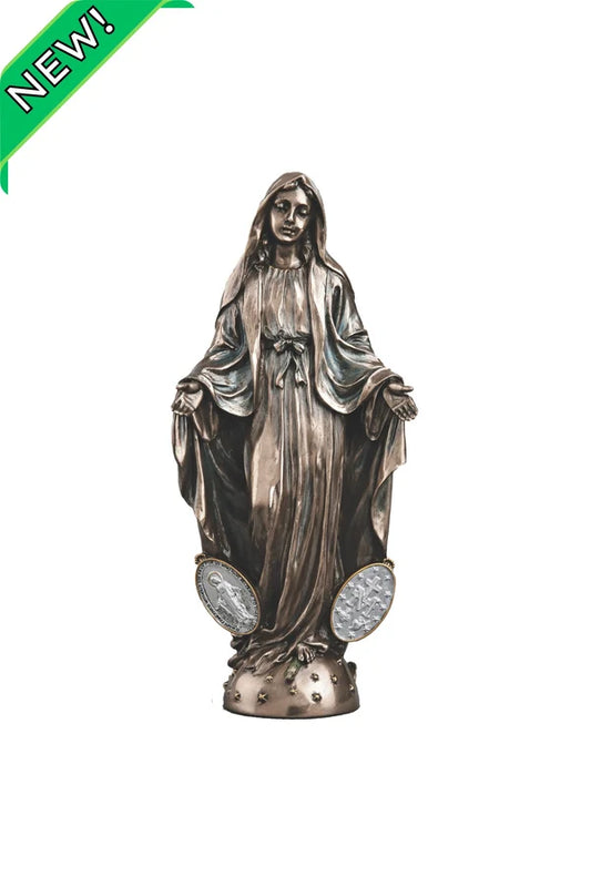 Miraculous Medal Mary Statue in lightly hand-painted cold cast bronze, 7.75" # 4397