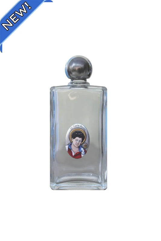 Carlo Acutis glass holy water bottle, 2x5", 8oz. 2-count value pack # 4411
