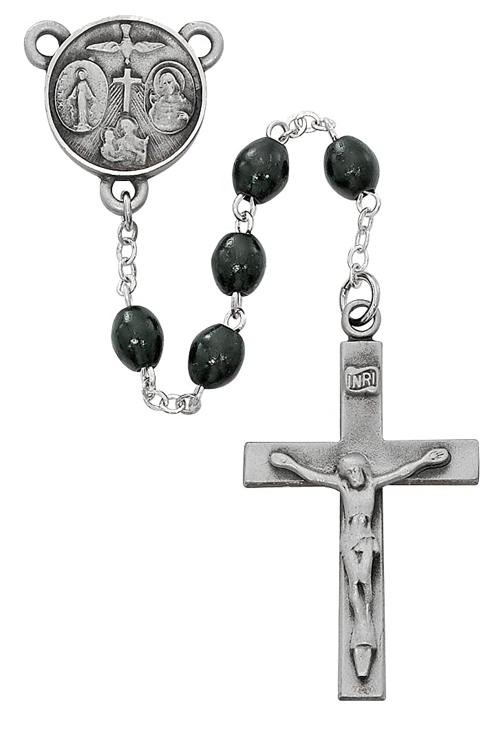 Four Way Rosary, 4x6mm Black Wood Beads, Pewter Center and 1-5/8" Crucifix # 21240